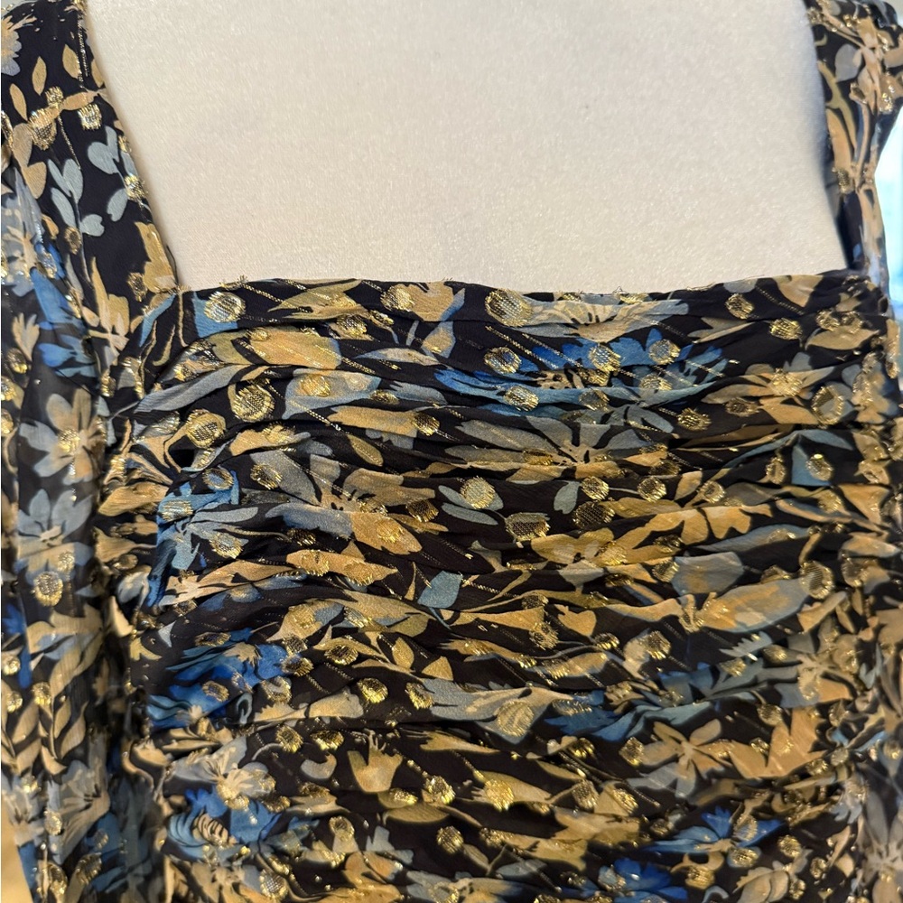 Monique Lhuillier Gold and Blue Floral Dress